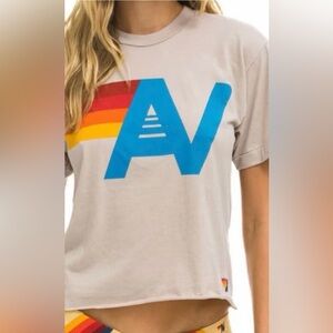 Aviator Nation Tan Tee with Blue and Red Stripes